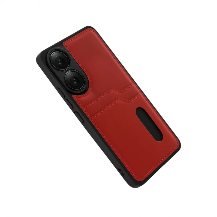 Oppo A38 Sara Kartvizitli Deri Kılıf - Kırmızı