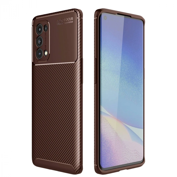 Oppo Reno 5 Pro Kılıf Auto Focus Karbon Kapak - Kahverengi