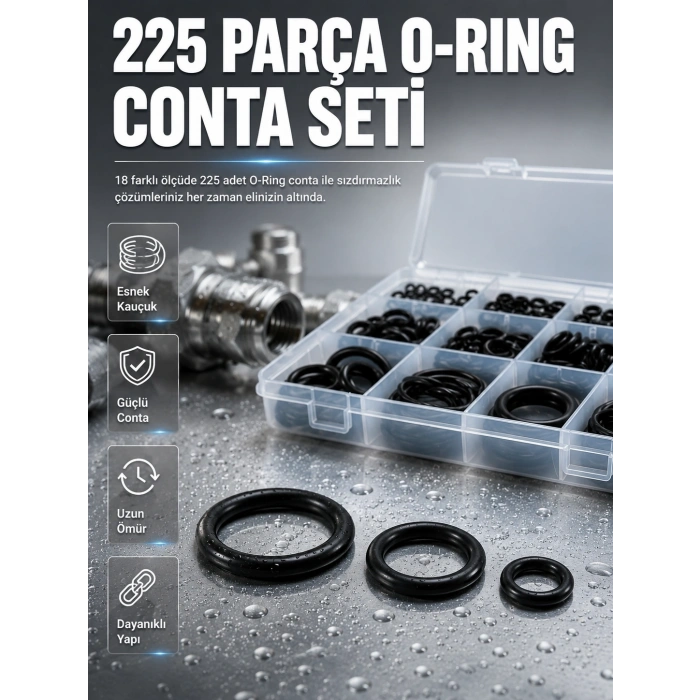 Organizer Kutulu O-ring Conta Seti 225 Parça | Dayanıklı Kauçuk Sızdırmazlık Contaları
