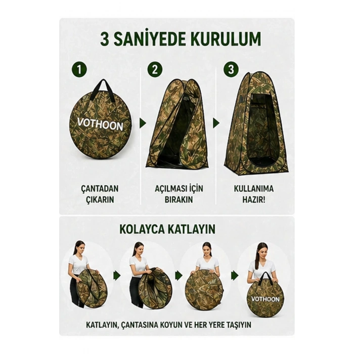 Otomatik Kabin Giyinme Çadırı 120x120x190 Cm Üst Havalandırma Yan Pencereli Duş & Wc Çadırı