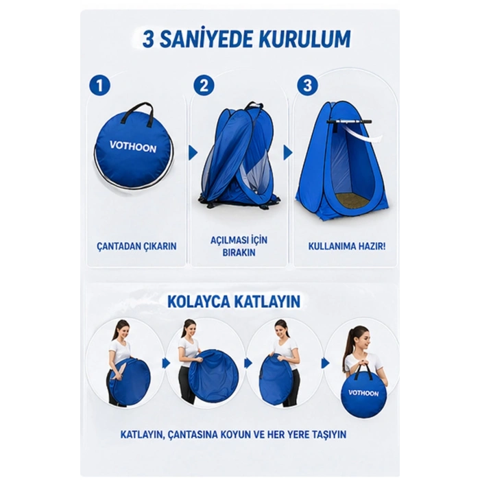 Otomatik Kabin Giyinme Çadırı 120x120x190 Cm Üst Havalandırma Yan Pencereli Duş & Wc Çadırı Mavi
