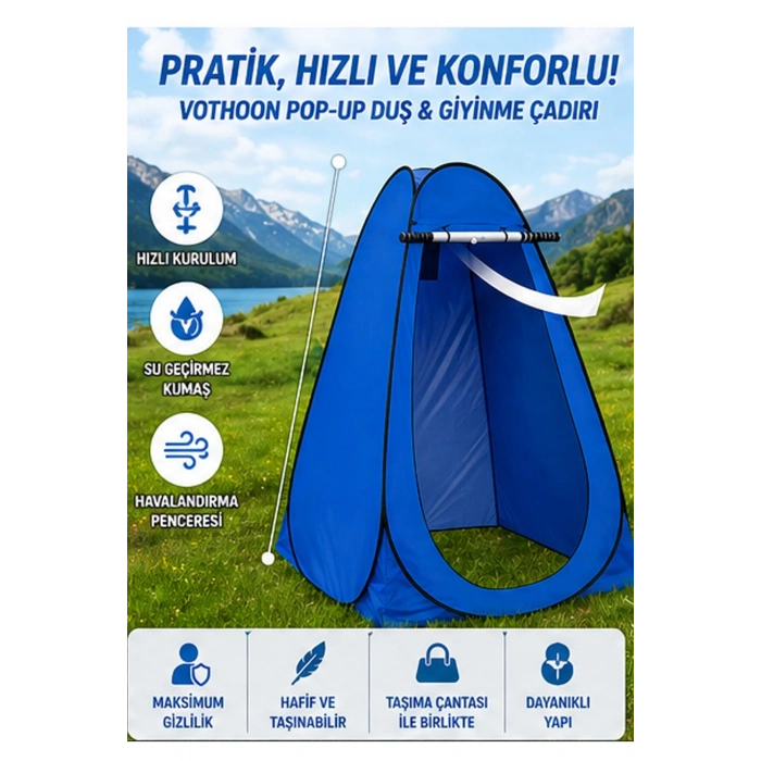 Otomatik Kabin Giyinme Çadırı 120x120x190 Cm Üst Havalandırma Yan Pencereli Duş & Wc Çadırı Mavi