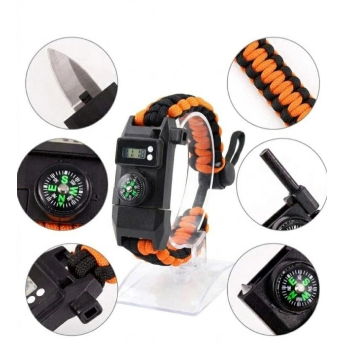 Paracord Dijital Saat Düdük Hayatta Kalma Turuncu Kamp Bilekliği