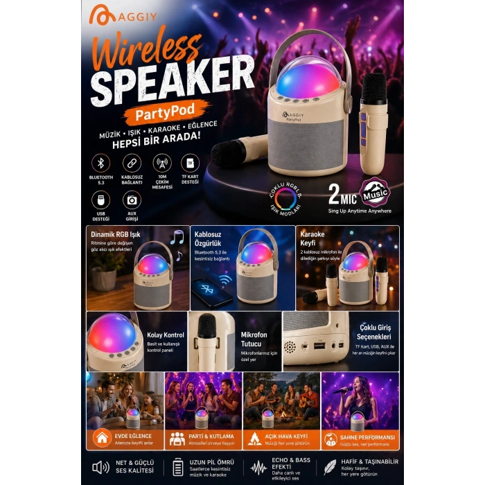 Partypod Bluetooth 5.3 Destekli Çok Fonksiyonlu Kablosuz Mikrofon Ve Hoparlör
