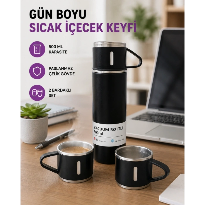 Paslanmaz Çelik 500 Ml Termos Seti – 8 Saat Isı Koruma, Vakumlu, Sızdırmaz Ve Taşınabilir