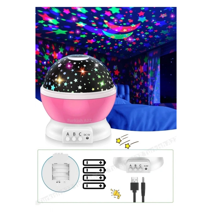 Pembe Dönen Renkli Ay Yıldızlı Gökyüzü Yansıtmalı Projeksiyon Gece Lambası Çocuk Bebek Parti Odası