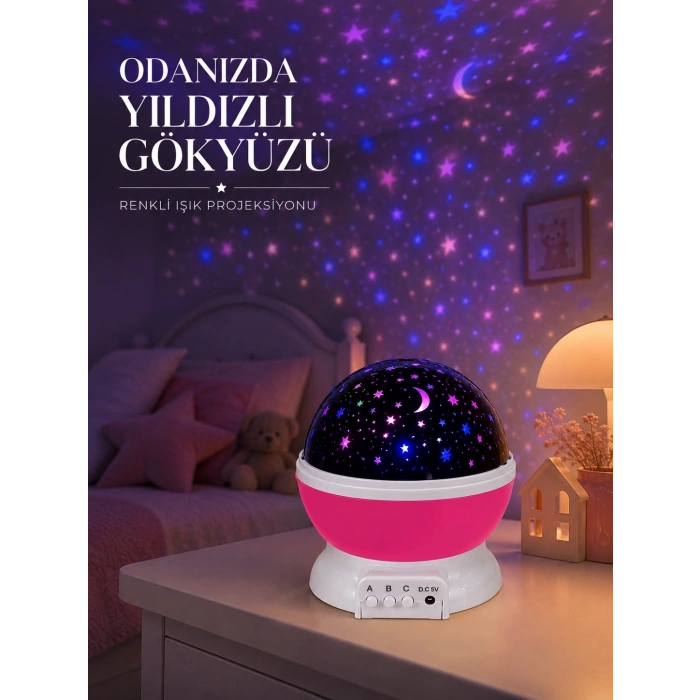 Pembe Döner Yıldız Projektörü Usb Ve Pilli Kullanımlı Gece Lambası