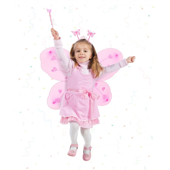 Pembe Kelebek Kız Seti – 50 Cm Kelebek Kanadı, Taç Ve Asa