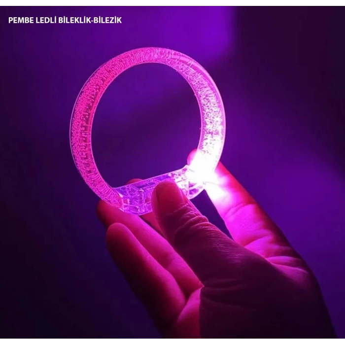 Pembe Led Işıklı Baskı Yapılabilen Pilli Bileklik Bilezik 1,5 Cm Genişlik