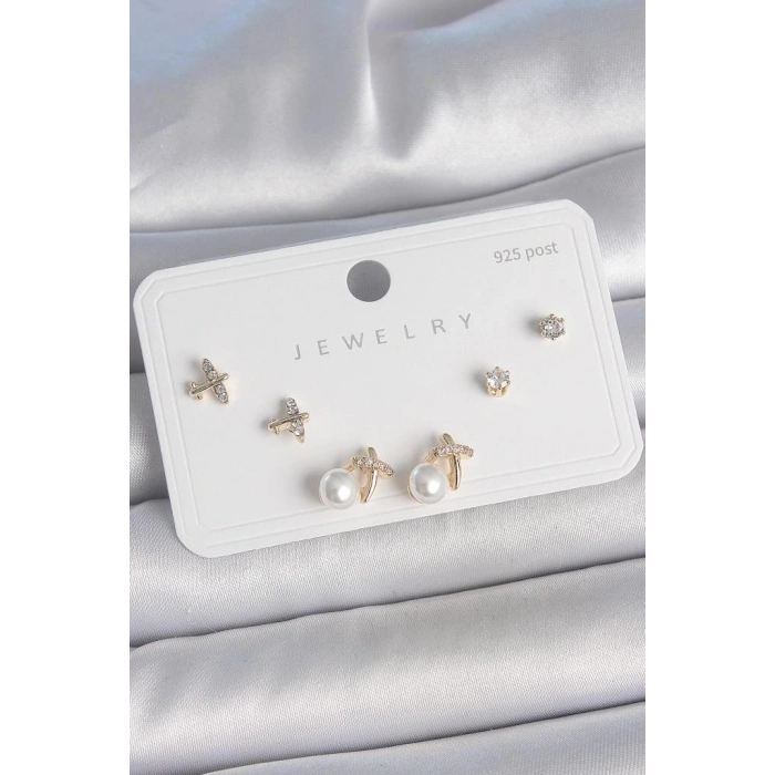 Pirinç Gold Renk Zirkon Taşlı Kelebek Model İnci Detay 925 Ayar Gümüş Çivi Kadın Küpe Seti -BKP10478 (599599)