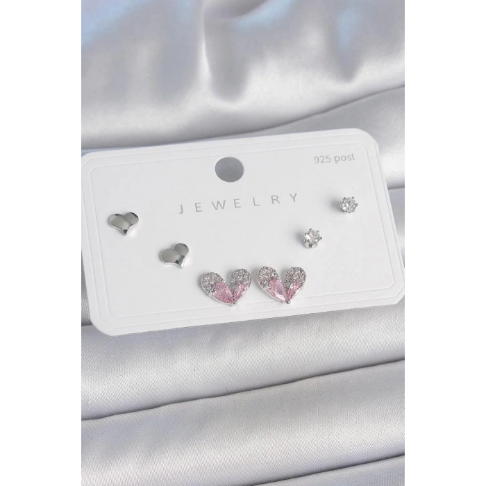 Pirinç Gümüş Renk Pembe Zirkon Taşlı Kalp Model 925 Ayar Gümüş Çivi Kadın Küpe Seti - BKP10493 (599599)