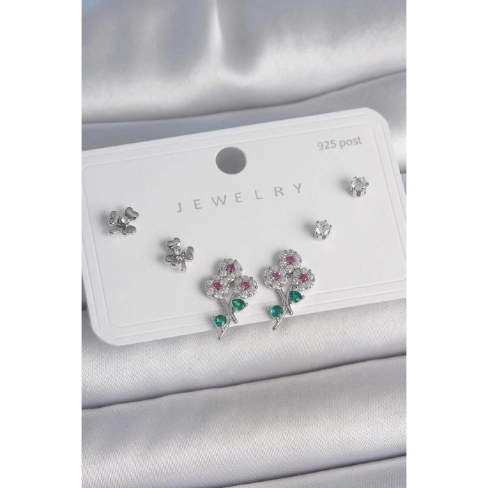 Pirinç Gümüş Renk Renkli Zirkon Taşlı Çiçek Model Yaprak Detay 925 Ayar Gümüş Çivi Kadın Küpe Seti - BKP10487 (599599)