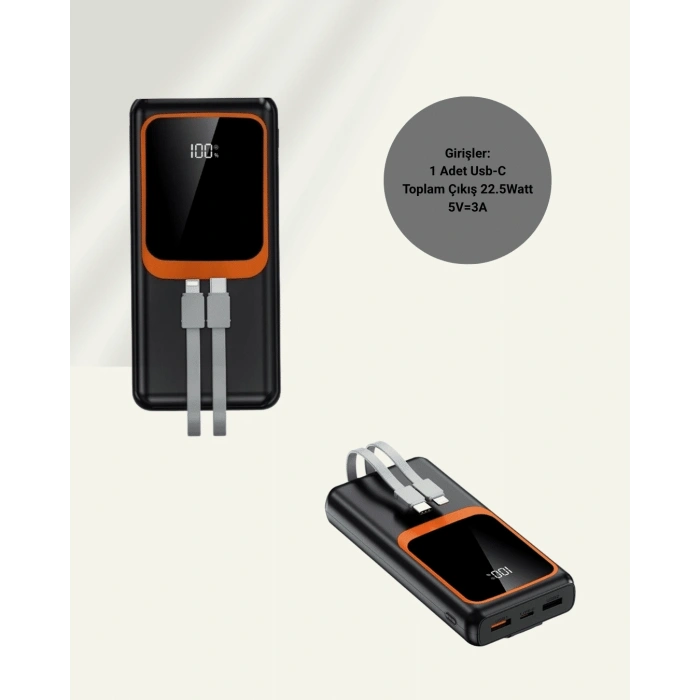 Powerbank 20000 Mah | 22.5w Hızlı Şarj, Dahili Kablolu, Lcd Ekranlı Şarj Cihazı