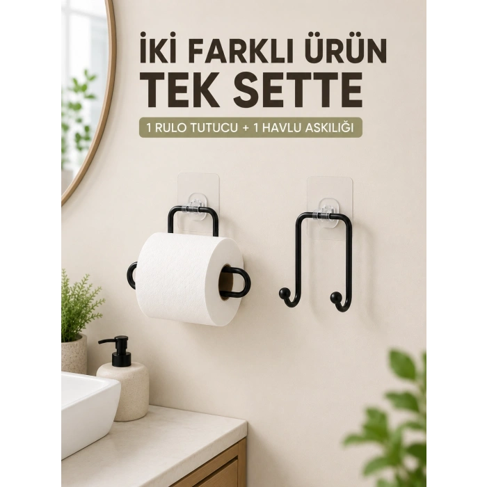 Pratik Yapışkanlı Rulo Kağıtlık Ve Havlu Bez Askılığı 2 Parça Düzenleyici Set