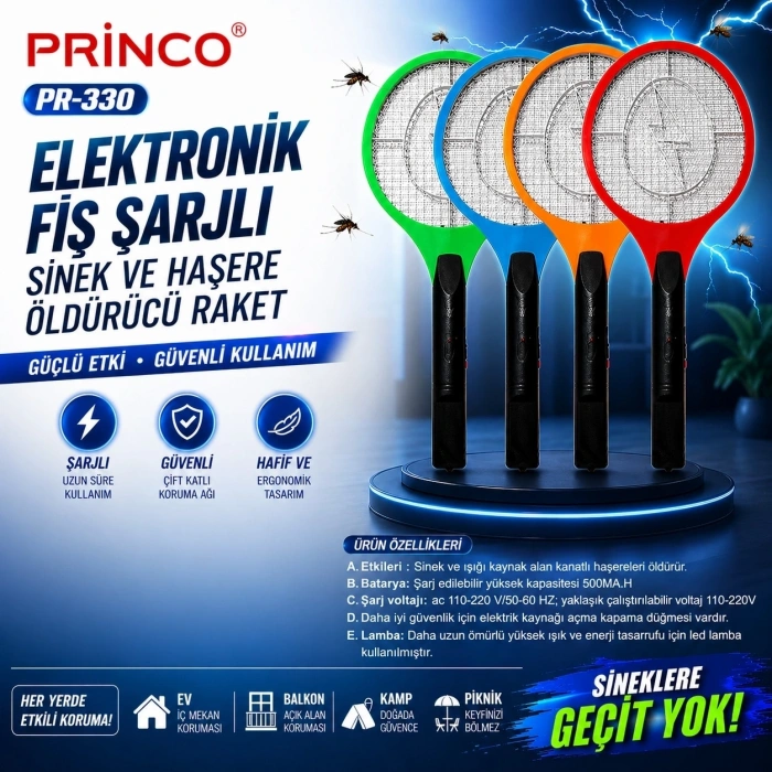 Princo Pr-330 Elektronik Fiş Şarjlı Sinek Ve Haşere Öldürücü Raket