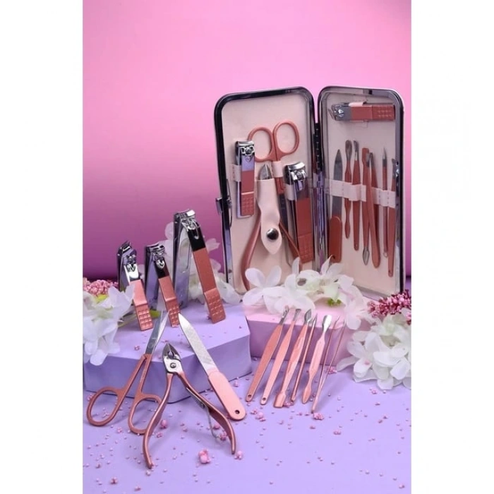 Profesyonel Çantalı Tırnak Bakım Manikür Seti Pembe Renk 12 Parça
