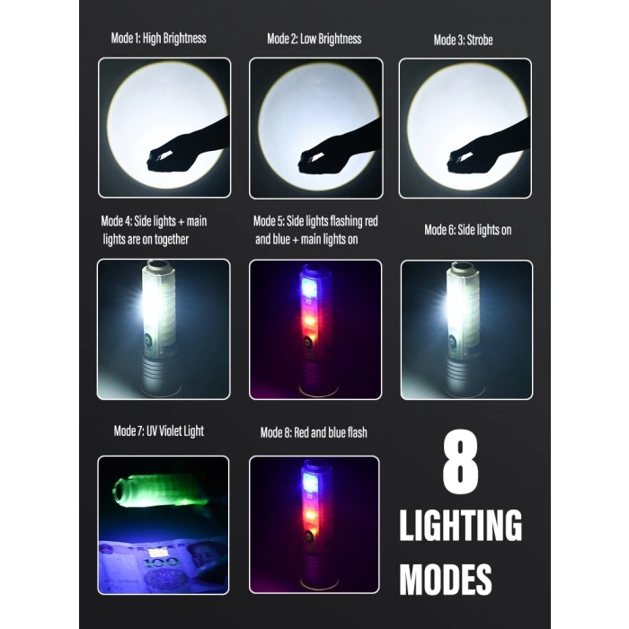 Profesyonel Tg Led Güçlü 8 Modlu Type-c 1000 Lümen Polis Çakarlı Şarjlı El Feneri