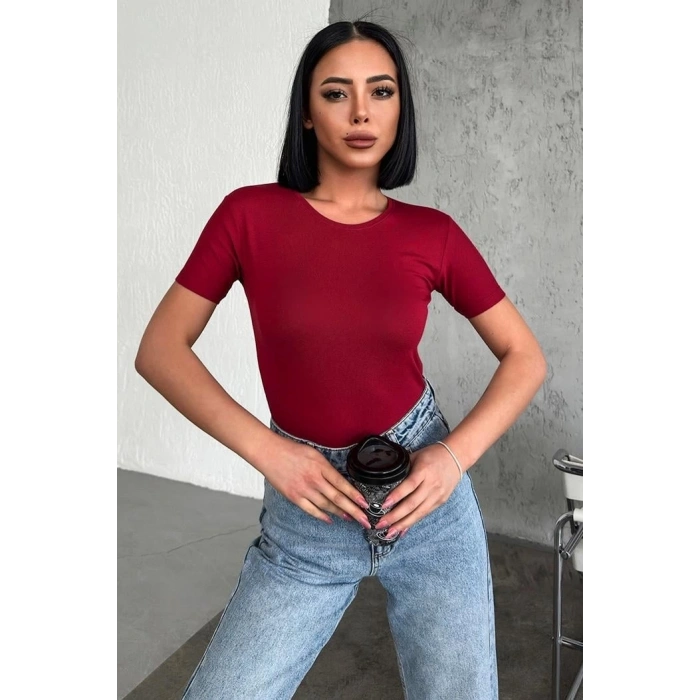Rahat Ve Şık Kısa Kollu Bisiklet Yaka Likralı Viskon Penye Body Bordo
