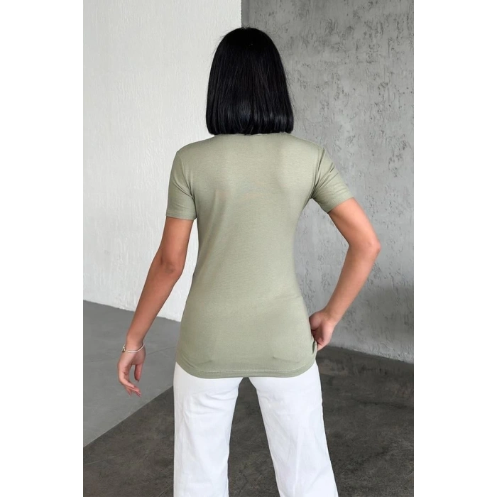 Rahat Ve Şık Kısa Kollu Bisiklet Yaka Likralı Viskon Penye Body Haki