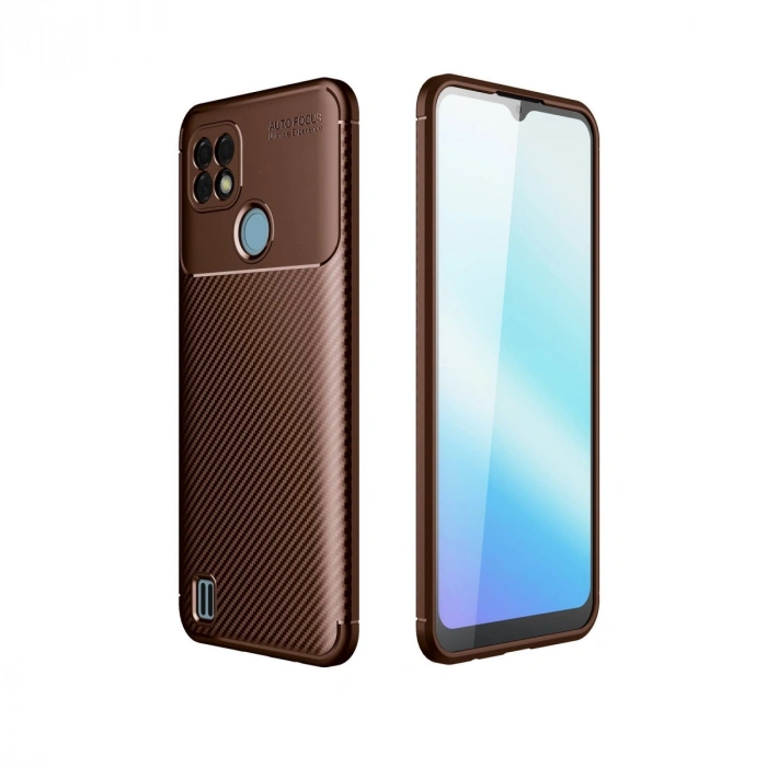 Realme C21 Kılıf Auto Focus Karbon Kapak - Kahverengi