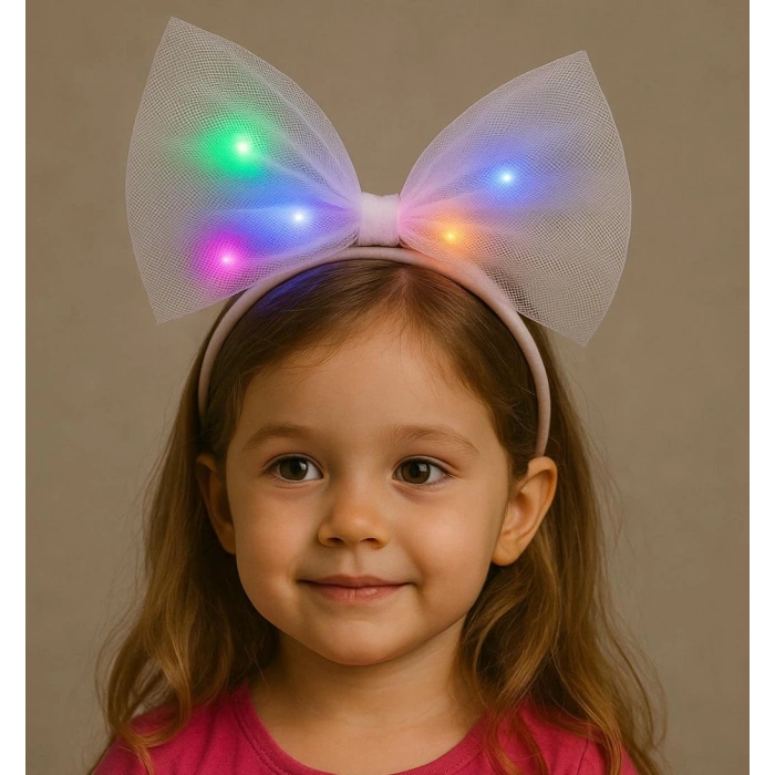 Rengarenk Led Işıklı Fiyonk Şekilli Tül Parti Tacı Beyaz Renk 25x25 Cm