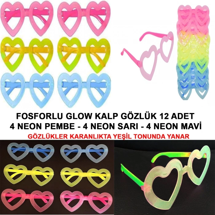 Retro Neon Fosforlu Kalp Gözlük 12 Adet – 80’ler 90’lar Parti Stili