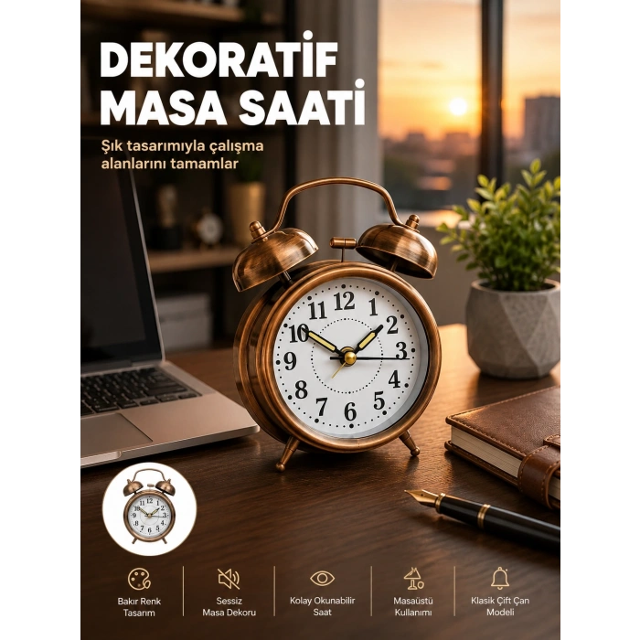 Retro Tarz Bronz Dekoratif Masa Saati Metal Gövde Yüksek Sesli Alarm