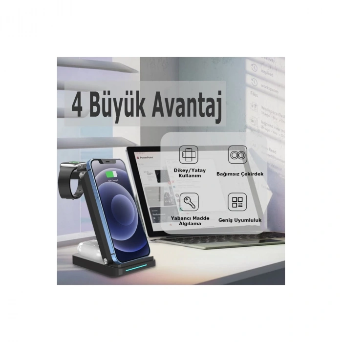 S90 4in1 Kablosuz Şarj Masaüstü Set - Siyah