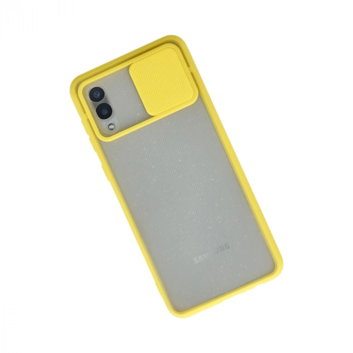 Samsung Galaxy A02 Kılıf Palm Buzlu Kamera Sürgülü Silikon - Sarı