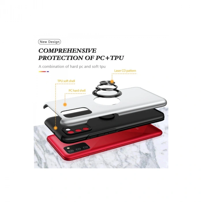 Samsung Galaxy A02s Kılıf Elit Yüzüklü Kapak - Gümüş