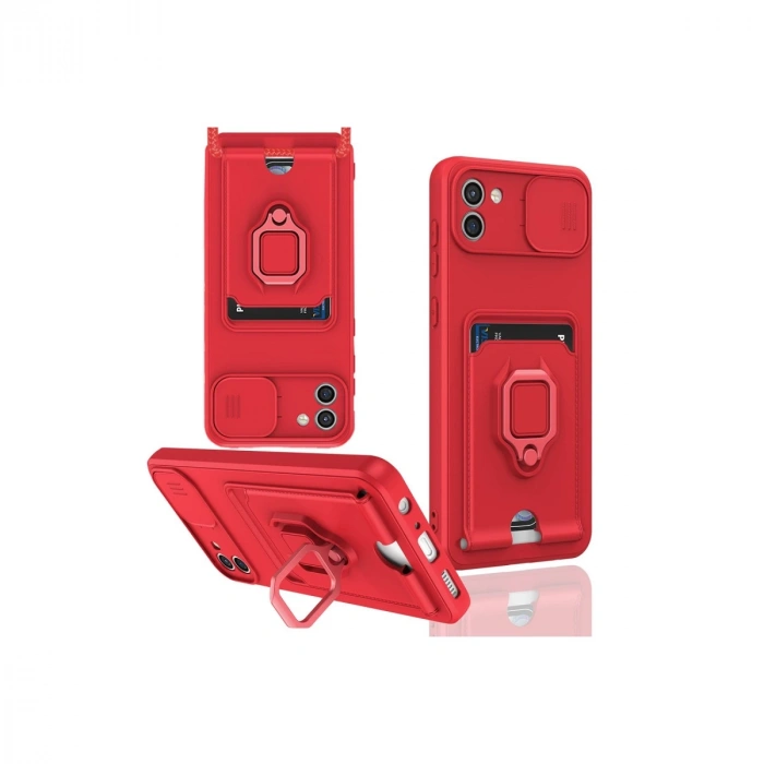 Samsung Galaxy A03 Kılıf Zuma Kartvizitli Yüzüklü Silikon - Kırmızı