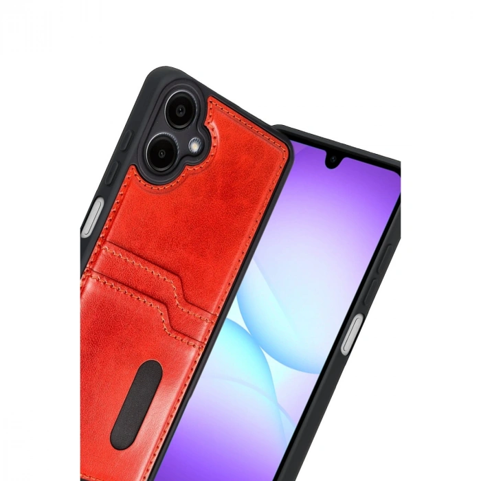 Samsung Galaxy A07 4g Sara Kartvizitli Deri Kılıf - Kırmızı
