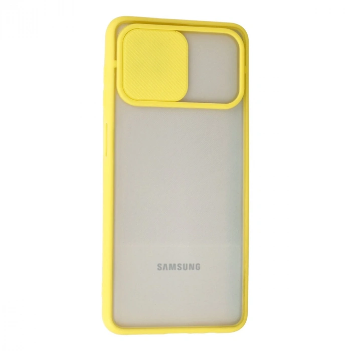 Samsung Galaxy A12 Kılıf Palm Buzlu Kamera Sürgülü Silikon - Sarı