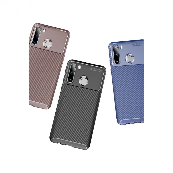 Samsung Galaxy A21 Kılıf Auto Focus Karbon Kapak - Kahverengi