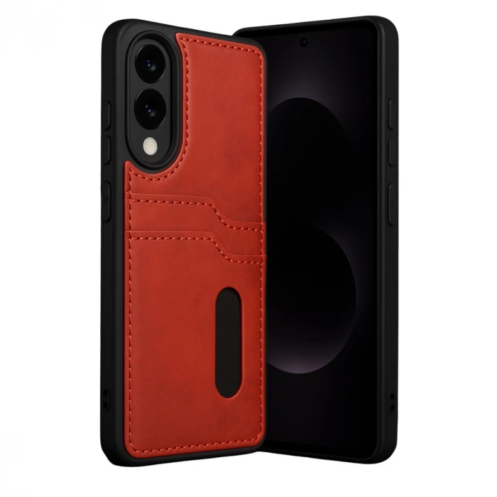 Samsung Galaxy S25 Edge Sara Kartvizitli Deri Kılıf - Kırmızı