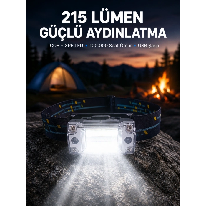 Şarj Edilebilir Led Kafa Feneri 215 Lümen Xpe Cob Güçlü Aydınlatma