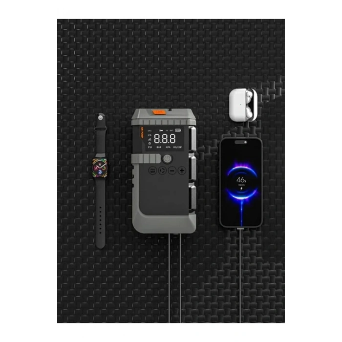 Şarjlı 12.000 Mah Taşınabilir Çanta Araç Akü Şarj Takviyeli Işıklı Hava Kompresörü Powerbankli