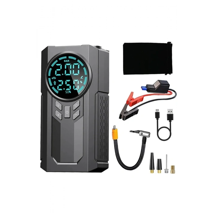Şarjlı 8.000 Mah Taşınabilir Çanta Araç Akü Şarj Takviyeli Işıklı Hava Kompresörü Powerbankli