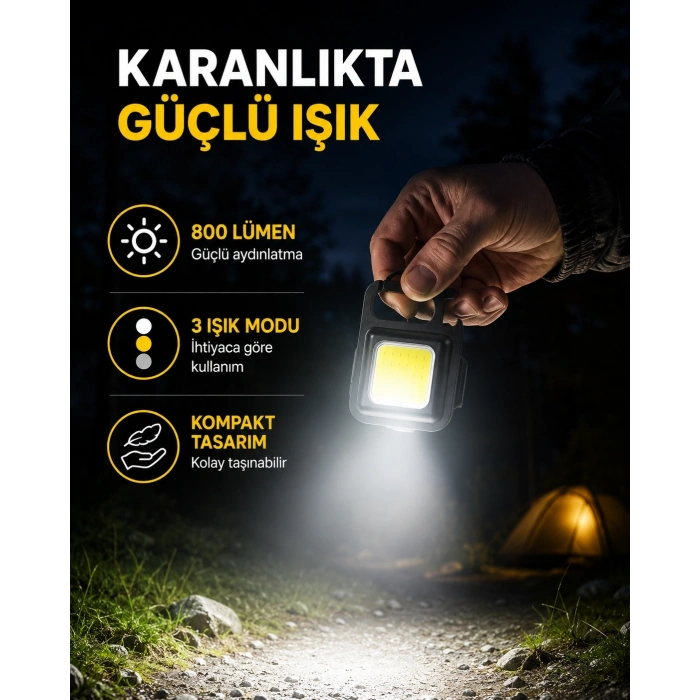 Şarjlı Cob Led Anahtarlık Fener – 4 Modlu, Manyetik Ve Katlanabilir Standlı Yeni Nesil