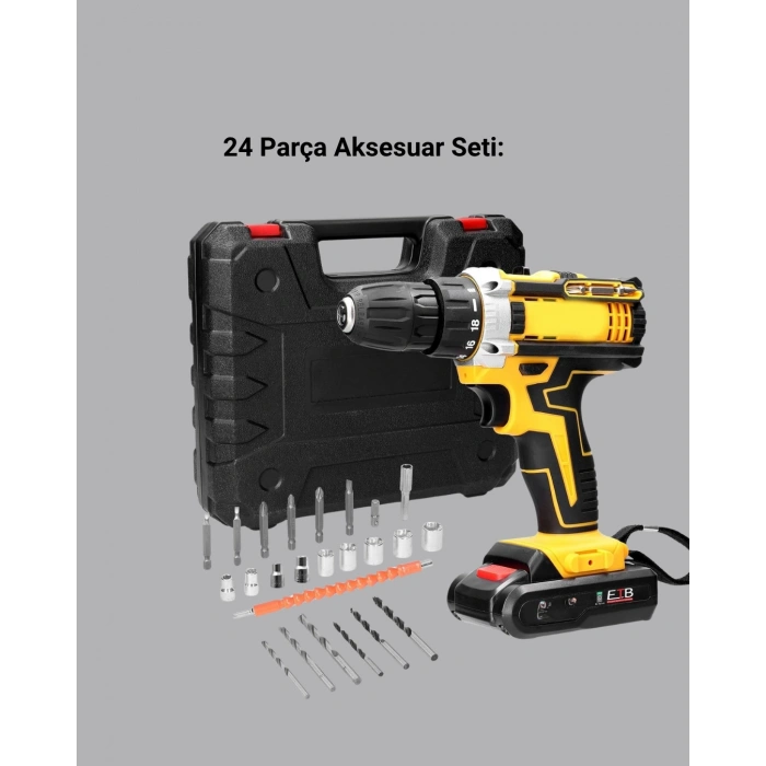 Şarjlı Darbeli Matkap Seti – 2 Bataryalı, 24w Güç, 24 Parça Aksesuar, Led Işıklı