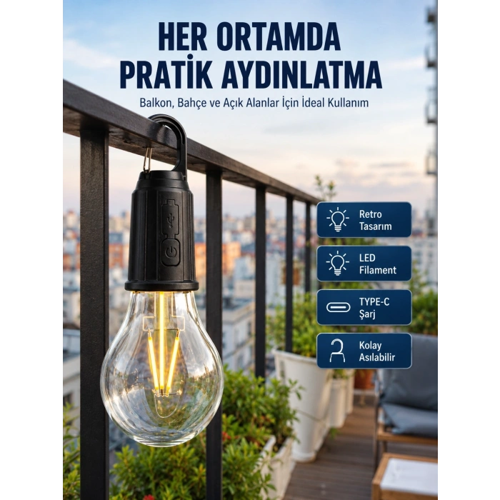 Şarjlı Dekoratif Kamp Lambası Askılı Ampul Led Işık Type-c Girişli