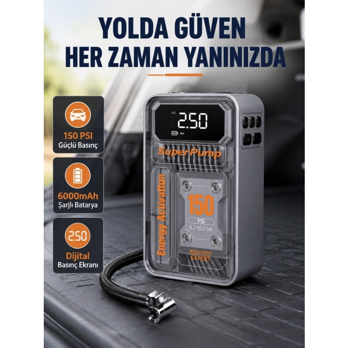 Şarjlı Kablosuz Hava Pompası – 150 Psı Basınç, Led Ekran Ve 6000mah Batarya