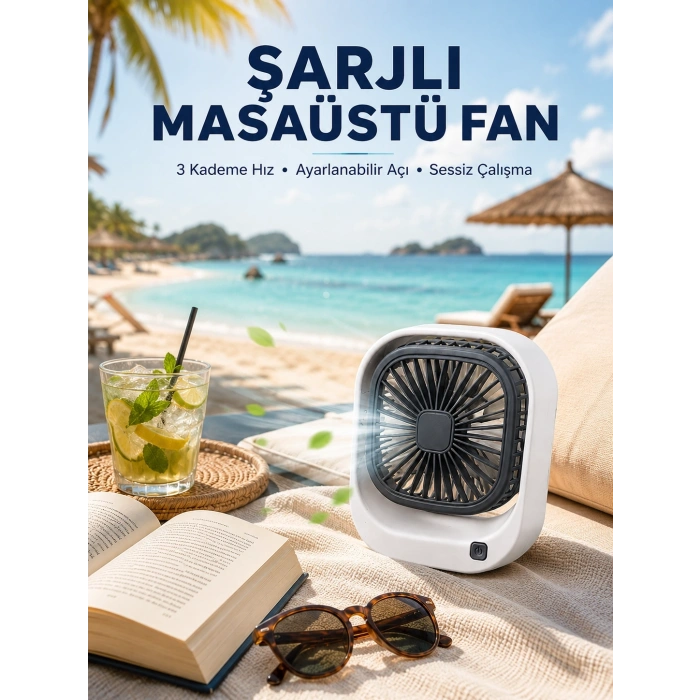 Şarjlı Masaüstü Fan 3 Kademeli Hız Ayarlı Güçlü Hava Akışı