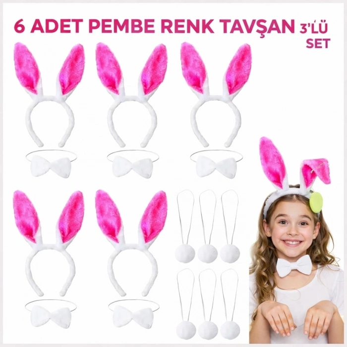 Şeker Pembesi Tavşan Sahne Seti 639lı Set Taç Papyon Kuyruk