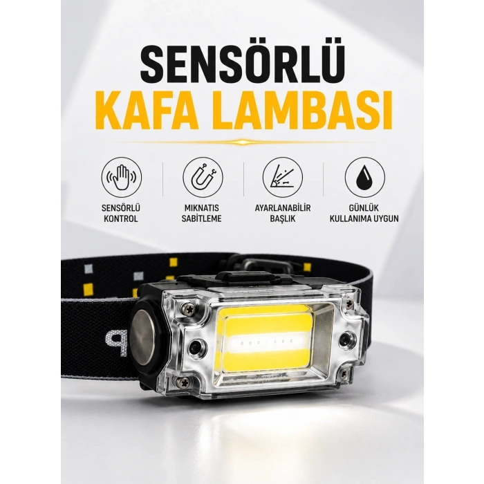 Sensör Kontrollü Şarjlı Beyaz Led Kafa Lambası Ve El Feneri