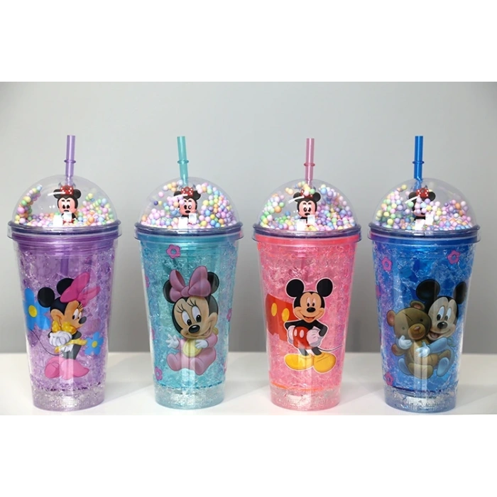 Sevimli Mickey Mouse Işıklı Pipetli Boncuklu Suluk & Bardak 400 Ml Alk3147
