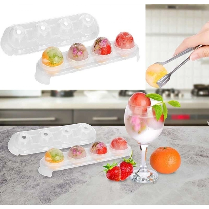 Silikon Tabanlı 4 Bölmeli Şeffaf Buz Kalıbı Yuvarlak Buzluk (599)