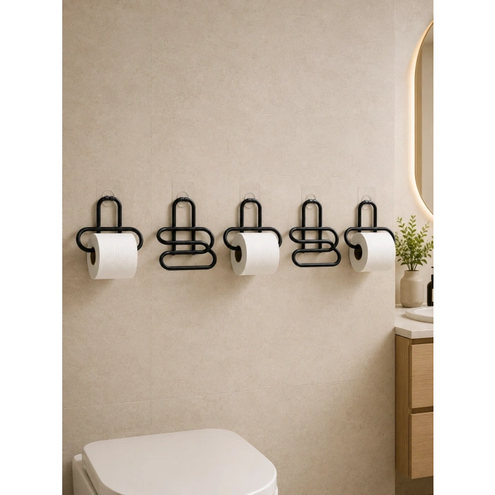 Siyah Metal Tuvalet Kağıdı Tutucu 5’li Set Yapışkanlı Duvar Tipi Banyo Wc Askısı