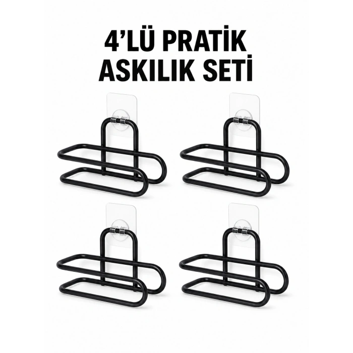 Siyah Metal Wc Kağıtlık Yapışkanlı Duvar Tipi Tuvalet Kağıdı Tutucu Seti 4 Adet