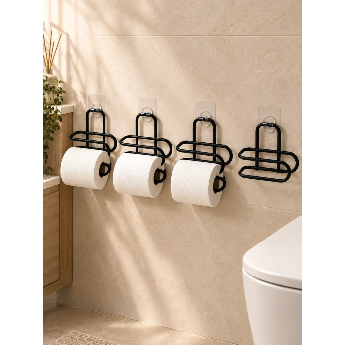 Siyah Metal Wc Kağıtlık Yapışkanlı Duvar Tipi Tuvalet Kağıdı Tutucu Seti 4 Adet